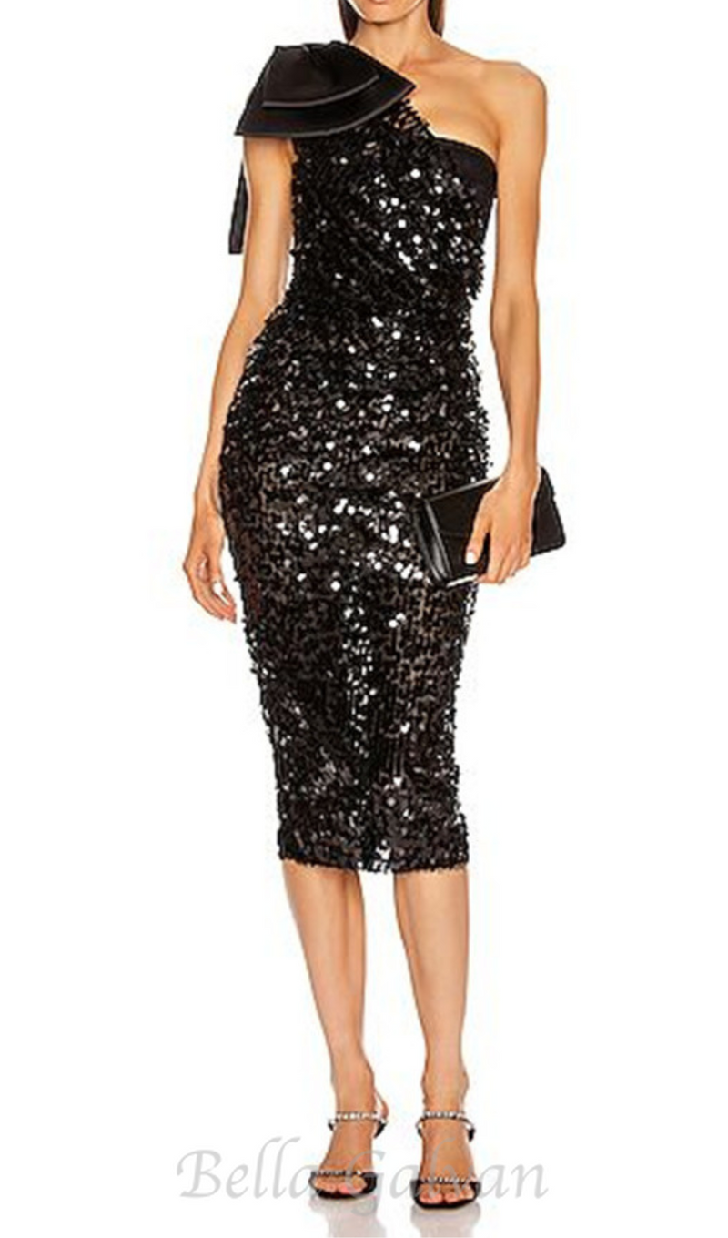 MARY BLACK SEQUINED LONGUETTE DRESS WITH BOW