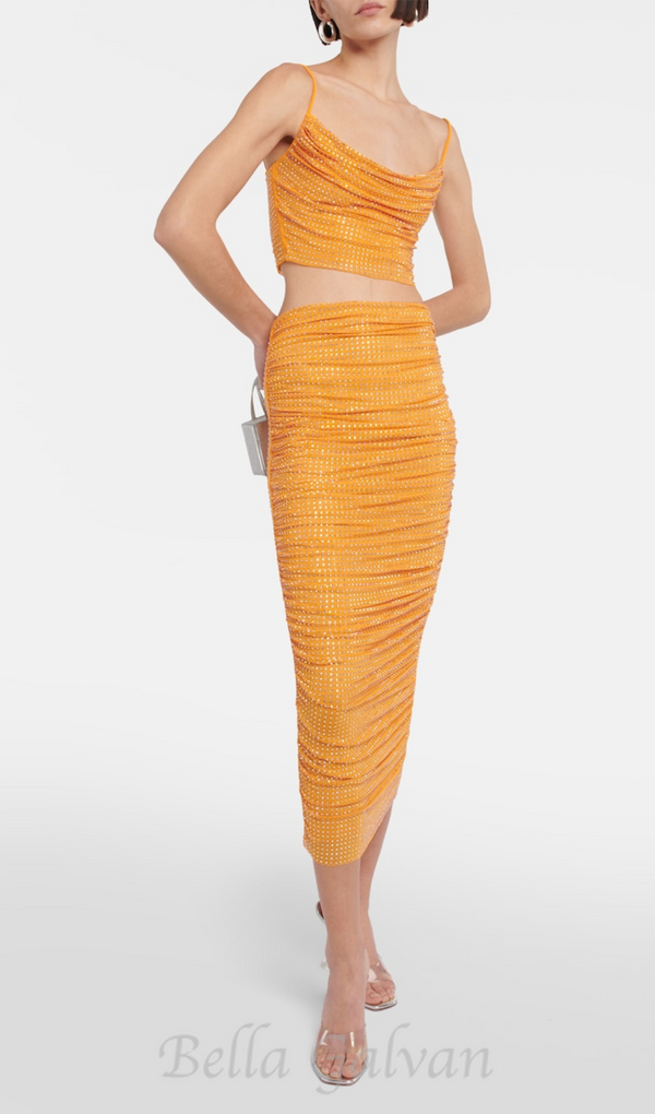 HEDWIG CRYSTAL-EMBELLISHED ORANGE CROP TOP SKIRT SUIT