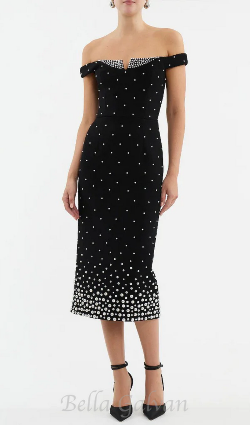 pearl polka dots embellished midi dress in black