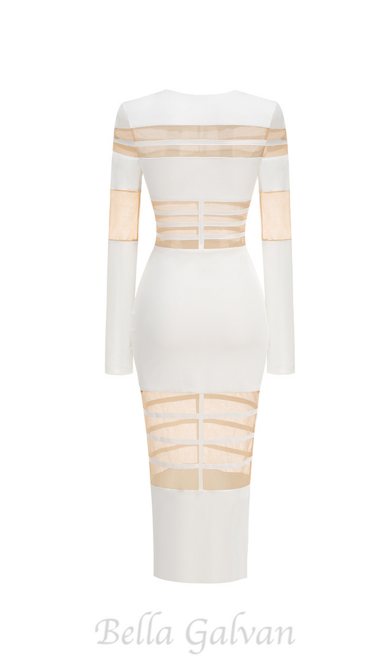 DORIS LONG SLEEVES MESH INSERT MIDI DRESS IN WHITE