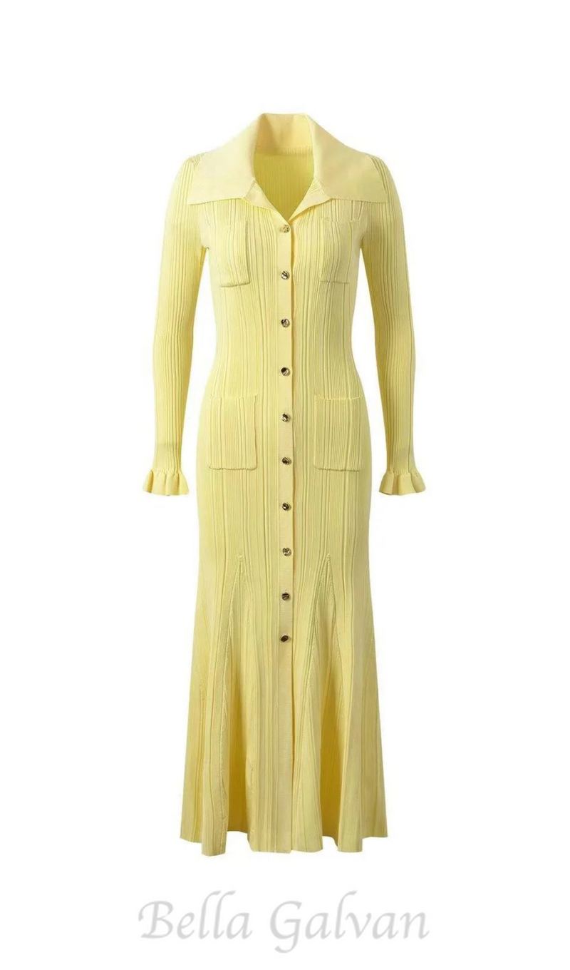 Rib-Knit Fluted Midi Shirt dress in yellow