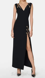 v-neck Pin-embellished maxi Dress in black