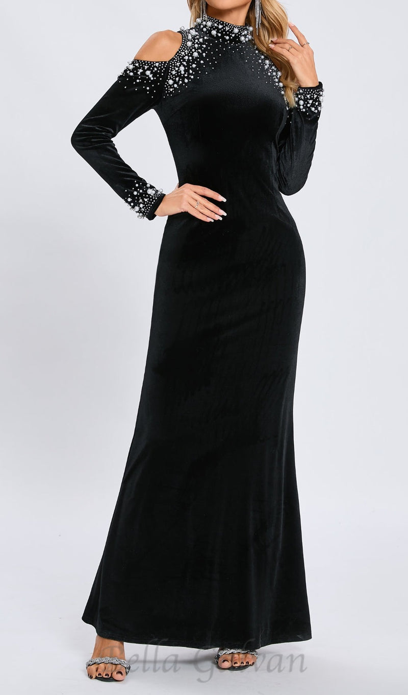 sequin embellished long sleeve maxi dress in black