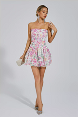 WHITE FLORAL RUCHED STRAPLESS MINI DRESS