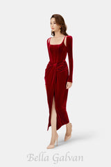 Bordeaux Velvet Draped midi Dress