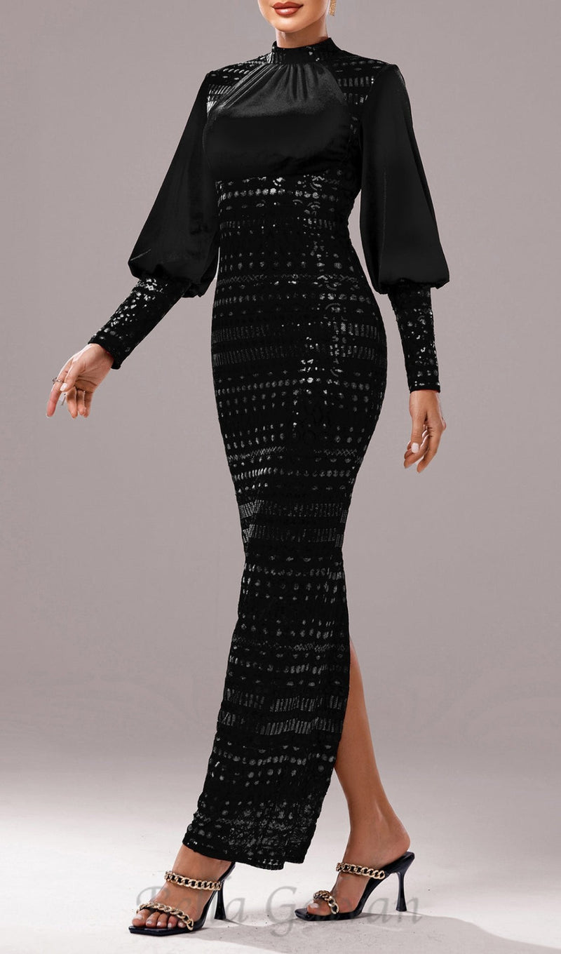 sequin long sleeve maxi dress in black