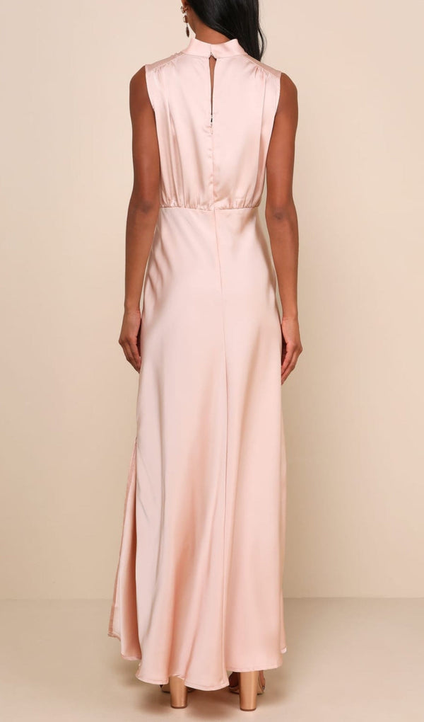 Blush Satin Sleeveless Mock Neck Maxi Dress