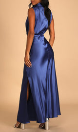 Blue Satin Sleeveless Mock Neck Maxi Dress