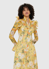 Daisy Print Butterfly Sleeve Midi Dress in yellow