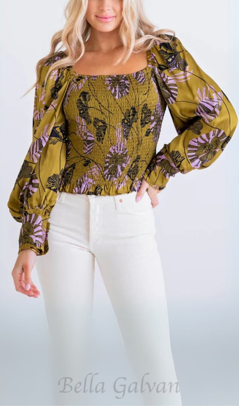 FLORAL BOHO SMOCK LONG SLEEVE TOP