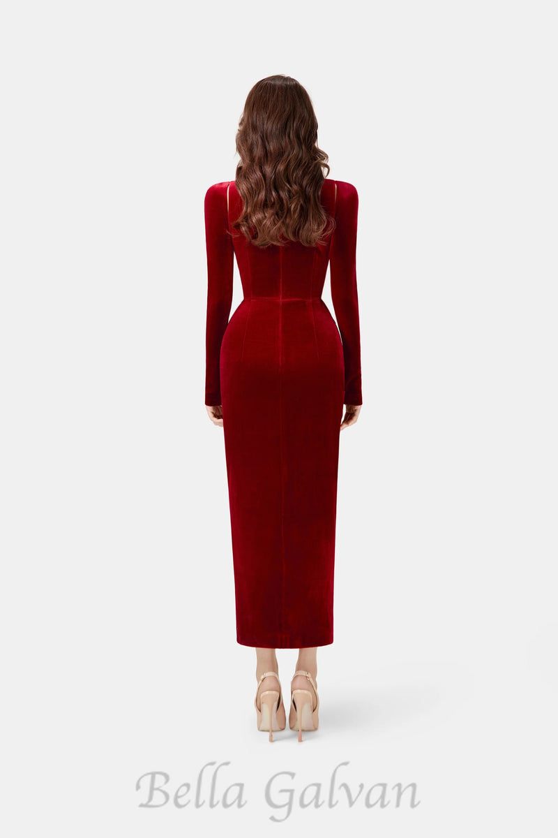 Bordeaux Velvet Draped midi Dress