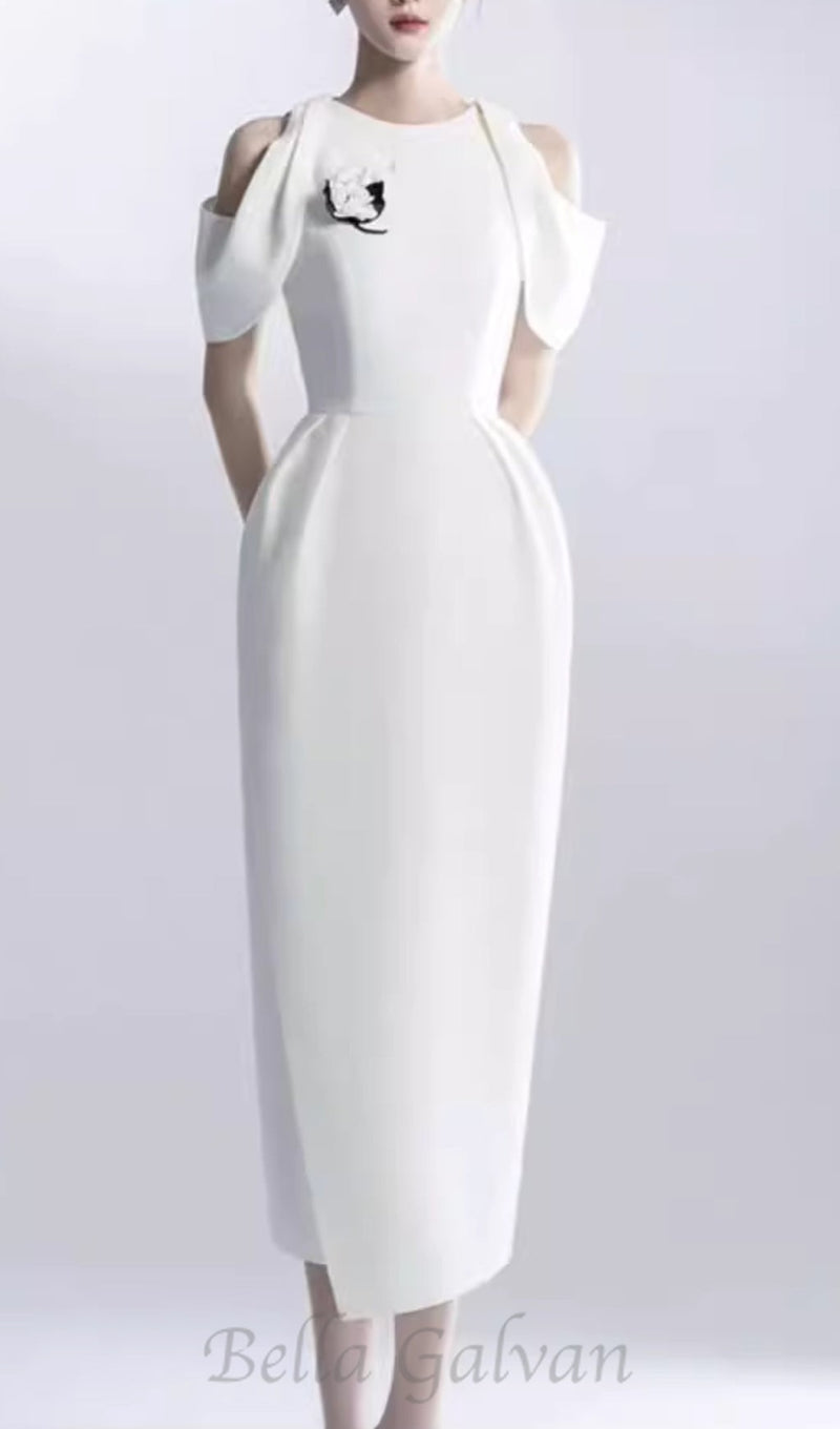 CHAELI WHITE EMBELLISHED MIDI DRESS