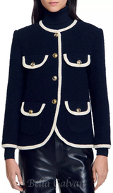 Jill Tweed Contrast Trim Jacket in navy blue