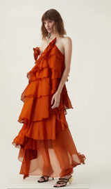 Carrie orange halterneck flounced maxi dress