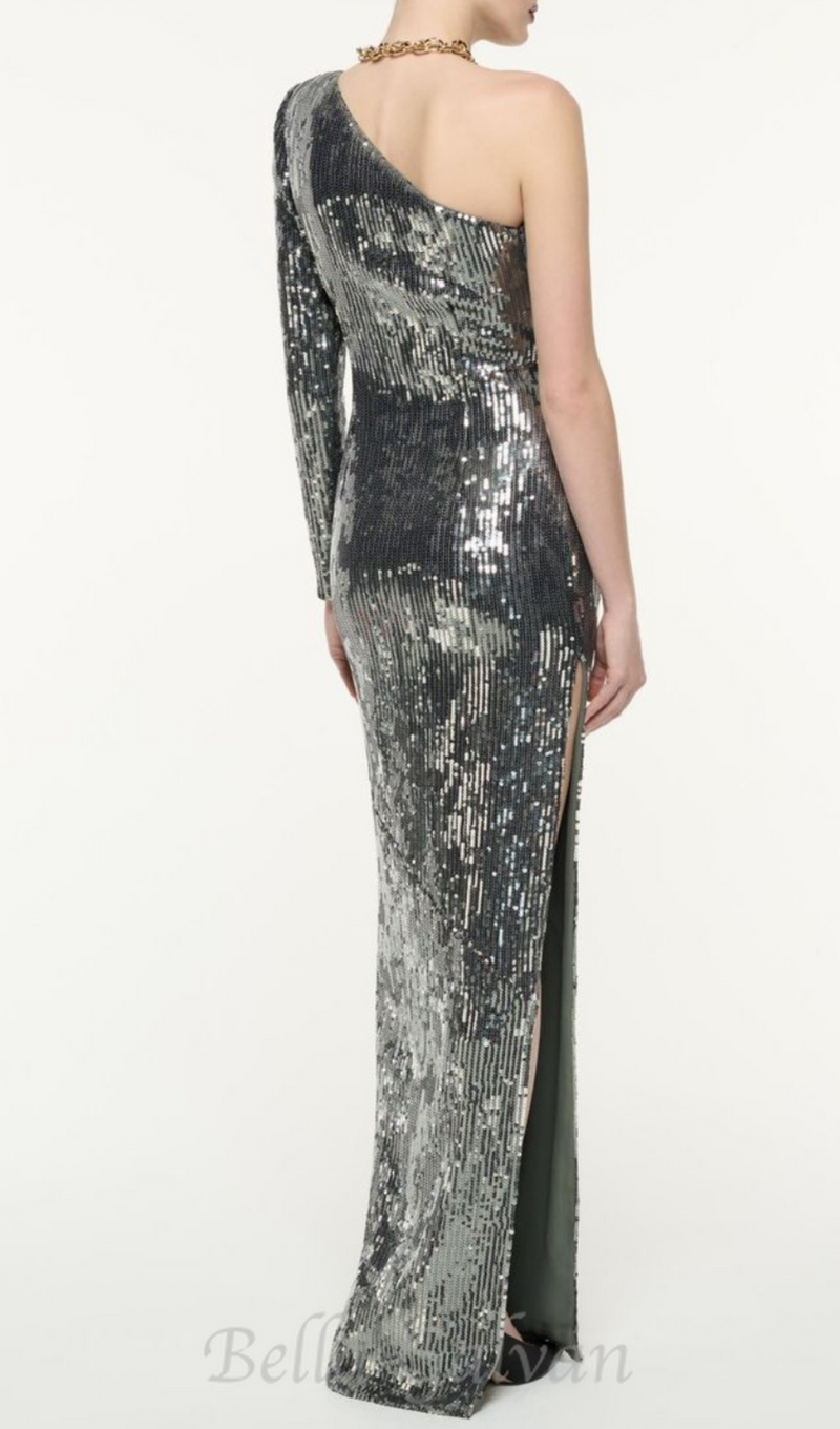 Floral-appliqué sequin gown in silver