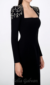 crystal-embellished black long sleeve maxi dress