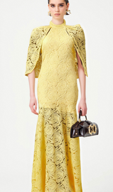 Ursula yellow cape-design chantilly-lace maxi dress