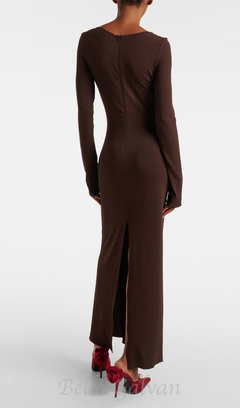 Floral-appliqué jersey maxi dress in brown