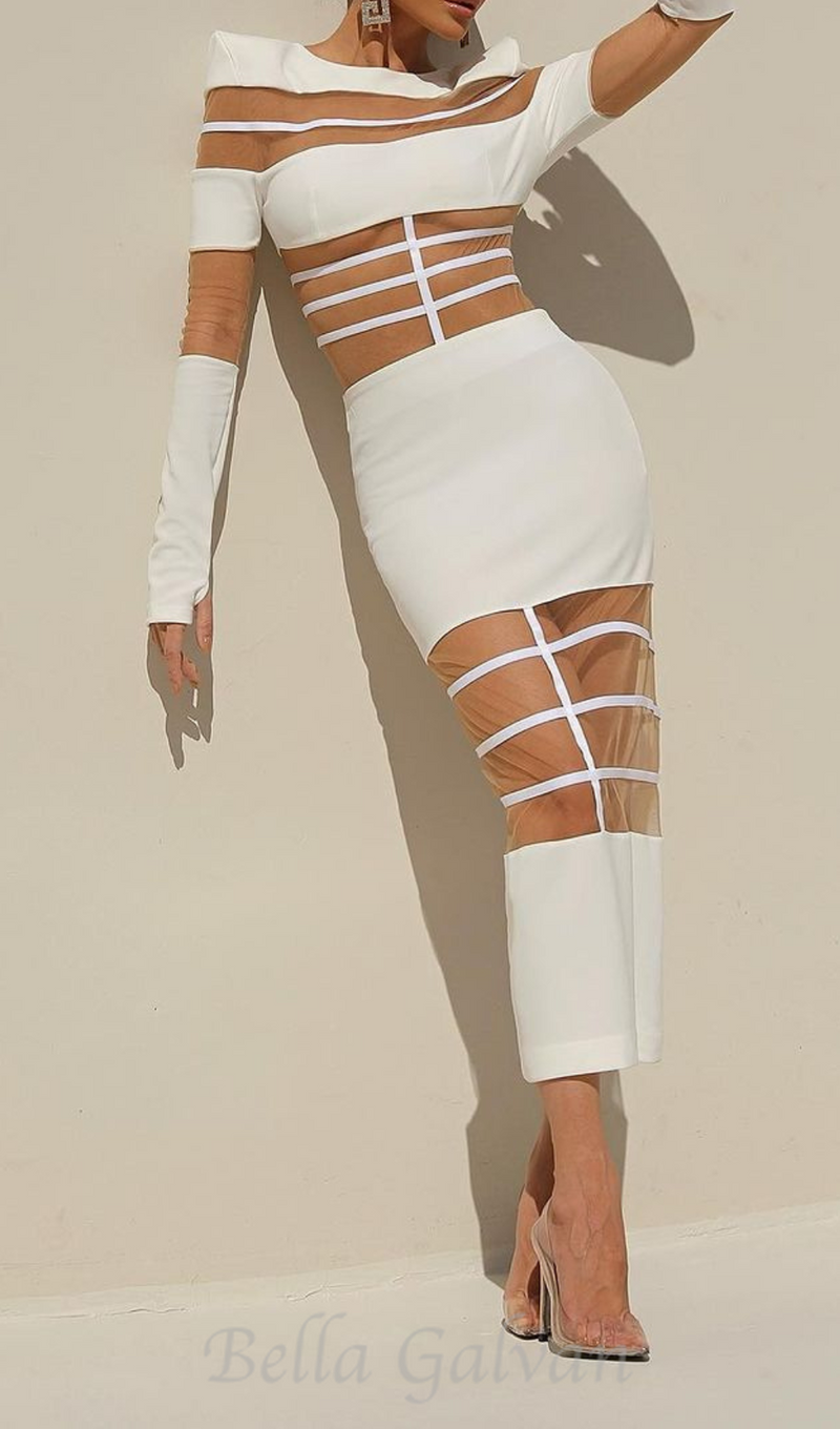 DORIS LONG SLEEVES MESH INSERT MIDI DRESS IN WHITE