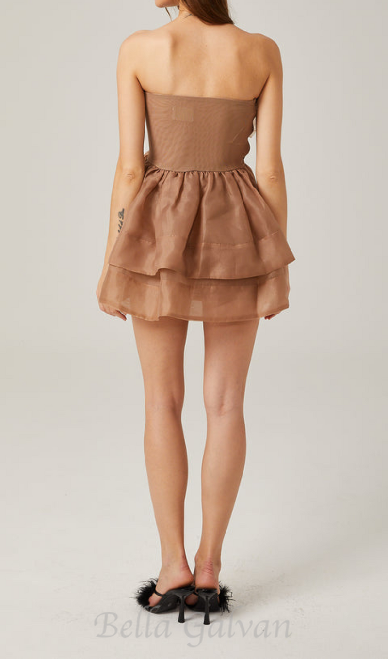 ALISA FLOWER TULLE STRAPLESS MINI DRESS IN BROWN