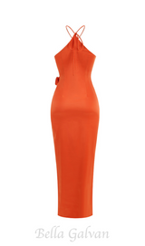 VERNA ORANGE 3D FLOWER DETAILED CUTOUT MAXI DRESS