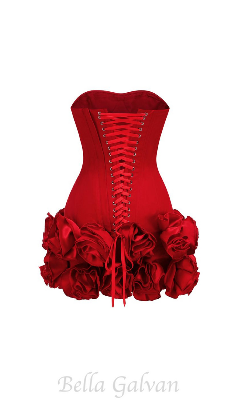 ANGELA RED FLOWER-TRIM EMBELLISHED STRAPLESS MINI DRESS