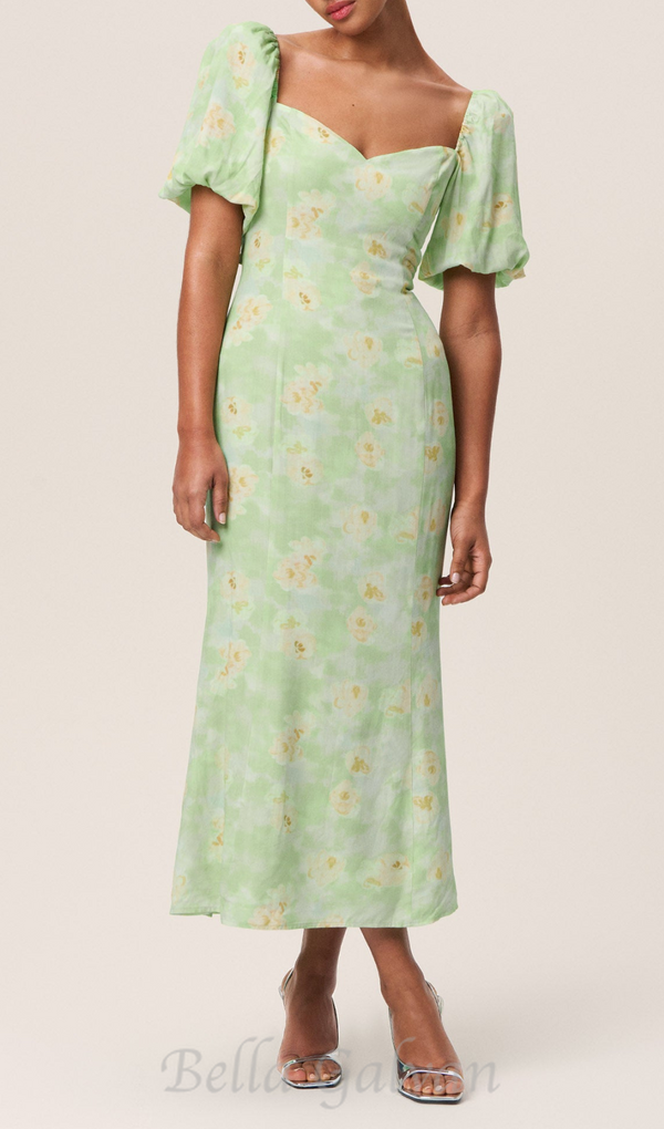 puff sleeve floral square neckline midi dress in green