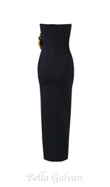 EILEEN BLACK STRAPLESS GOLD ROSE EMBELLISHED MIDI DRESS