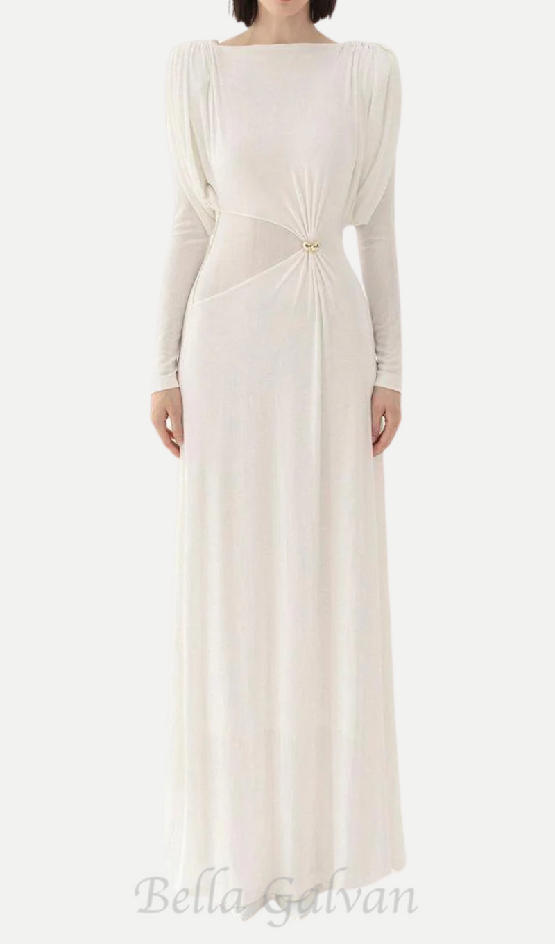 white straight boat neck knitted fabric maxi dress