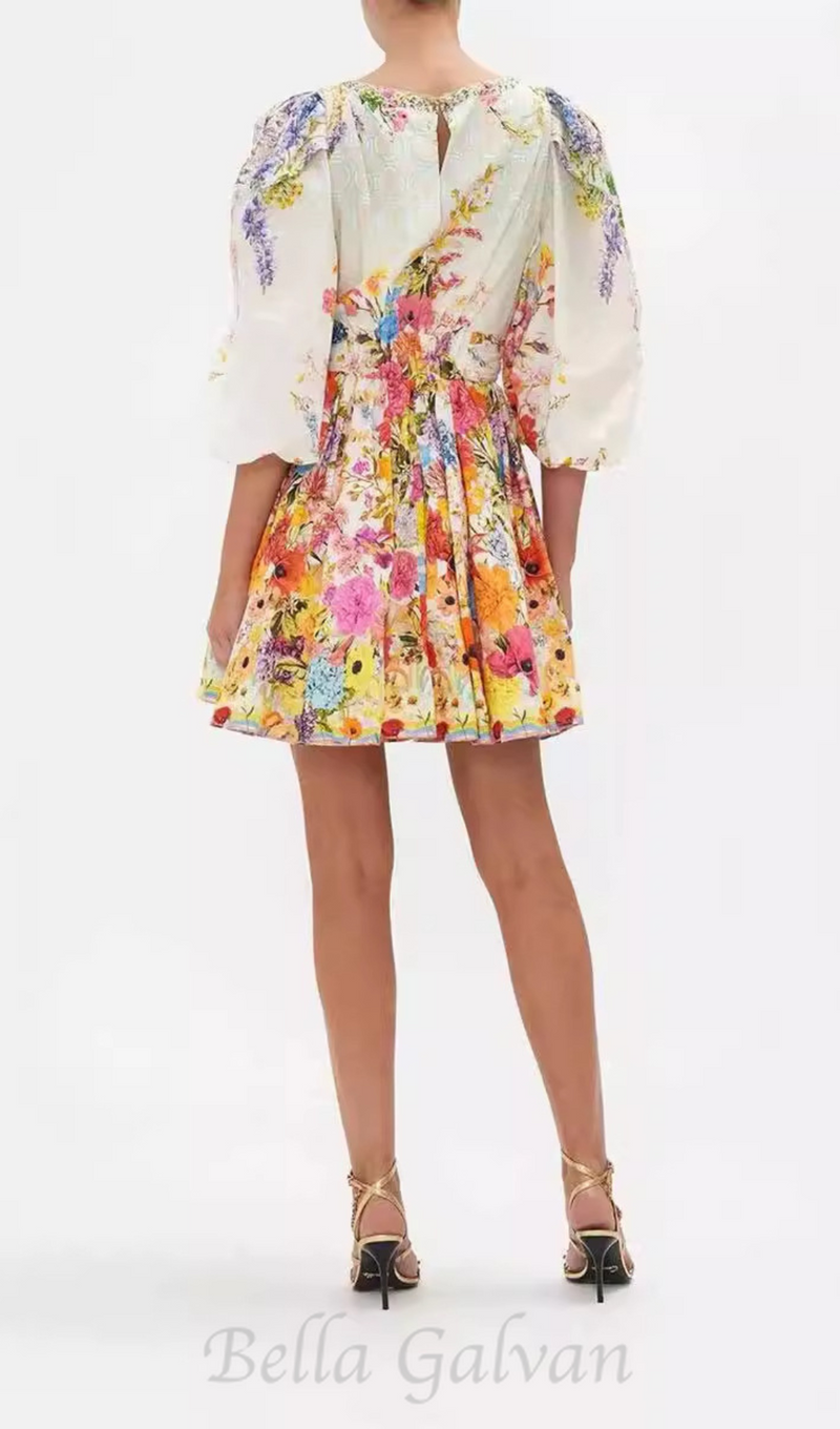 PUFF SLEEVE PRINT SILK MINI DRESS