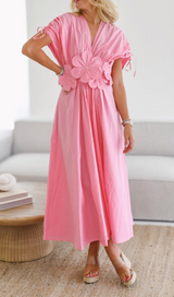 PATCHWORK APPLIQUES MIDI DRESS IN PINK