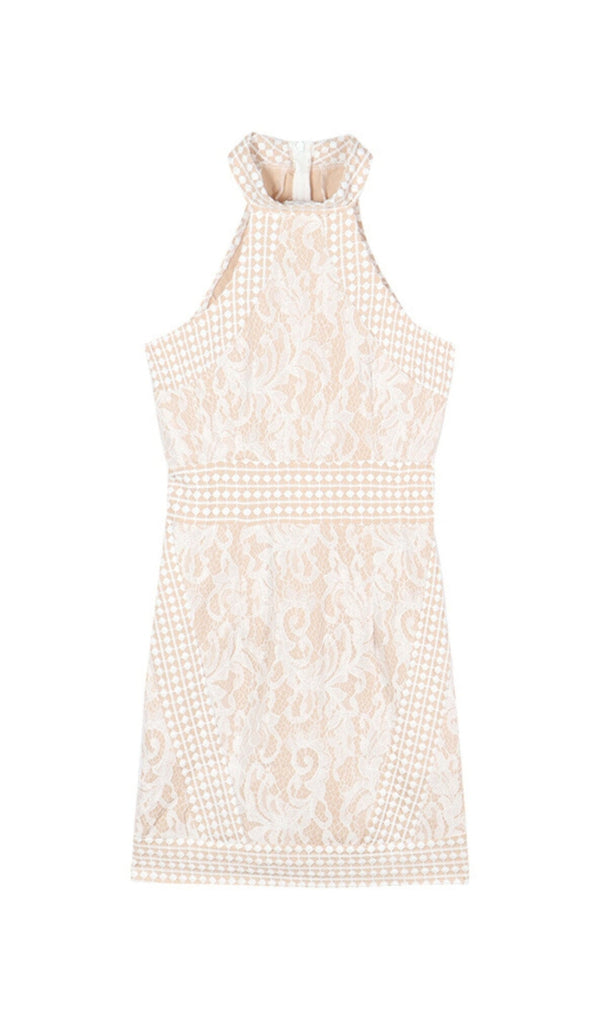 HIGH NECK CROCHET MINI DRESS IN BEIGE