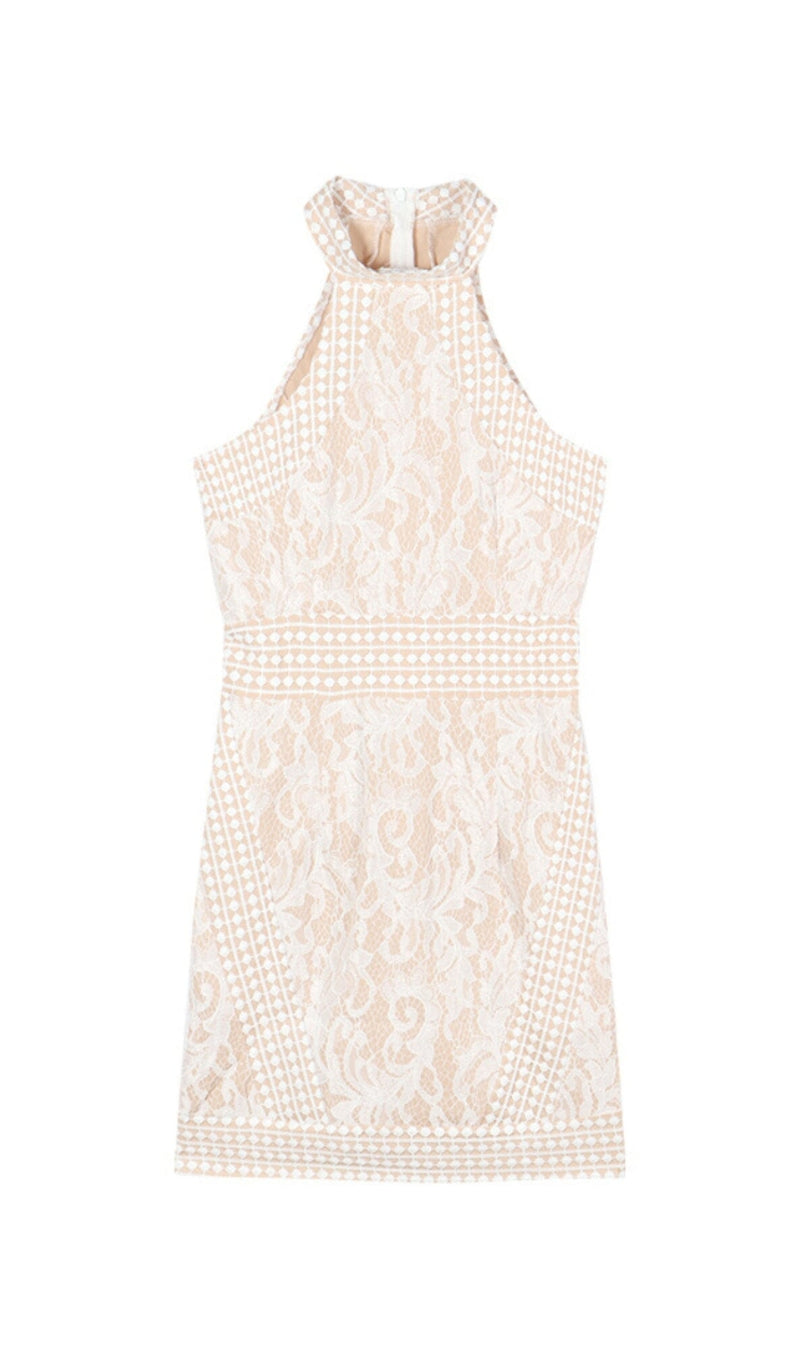 HIGH NECK CROCHET MINI DRESS IN BEIGE