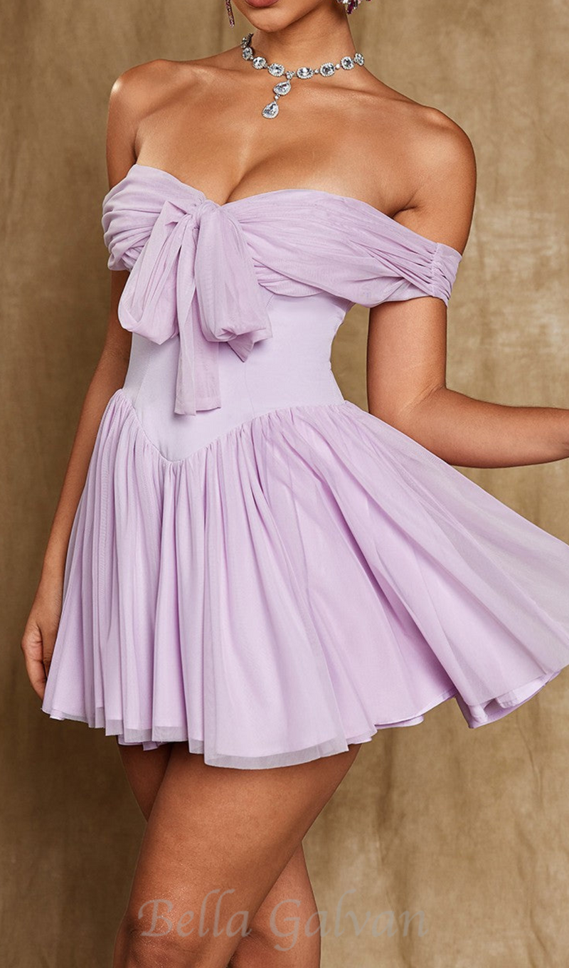 YVETTE PALE PURPLE OFF SHOULDER MESH MINI DRESS