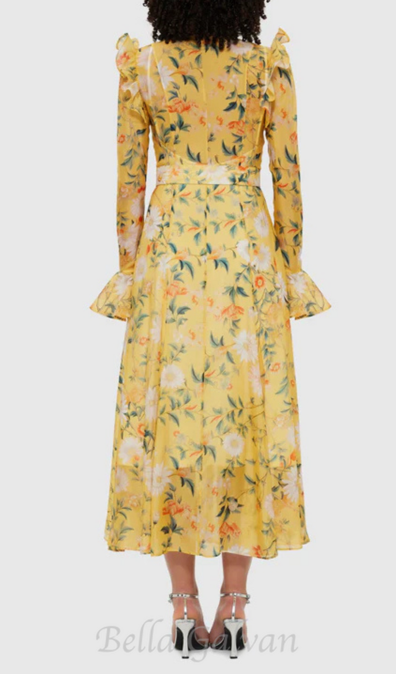 Daisy Print Butterfly Sleeve Midi Dress in yellow