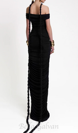 cara black off-shoulder ruched bodycon maxi dress with rope embellished