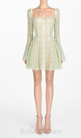 TERESA TRUMPET SLEEVE LACE EMBROIDERY MINI DRESS IN GREEN