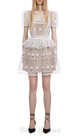 GUIPURE LACE LAYERED MINI DRESS