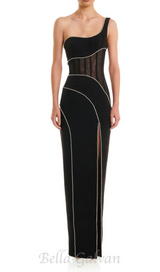 TRACY CRYSTAL STRIPE EMBELLISHED ONE-SHOULDER BLACK MAXI DRESS