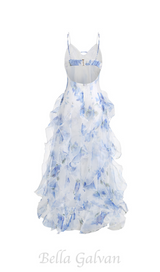 BELINDA BLUE FLORAL VERTICAL RUFFLE TRIM MAXI DRESS