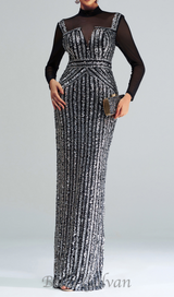 stand collar sequin panel maxi dress in black