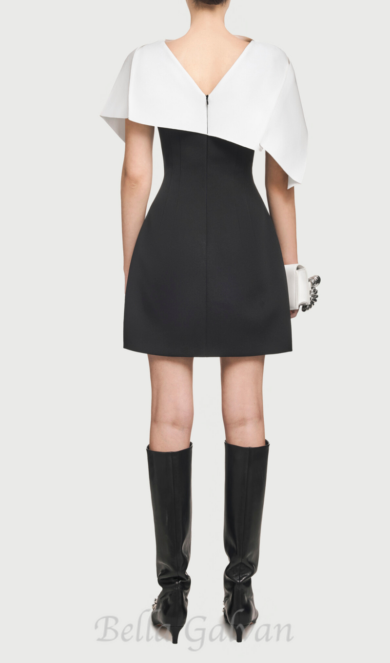 A-line black mini dress with asymmetrical shoulder pleat