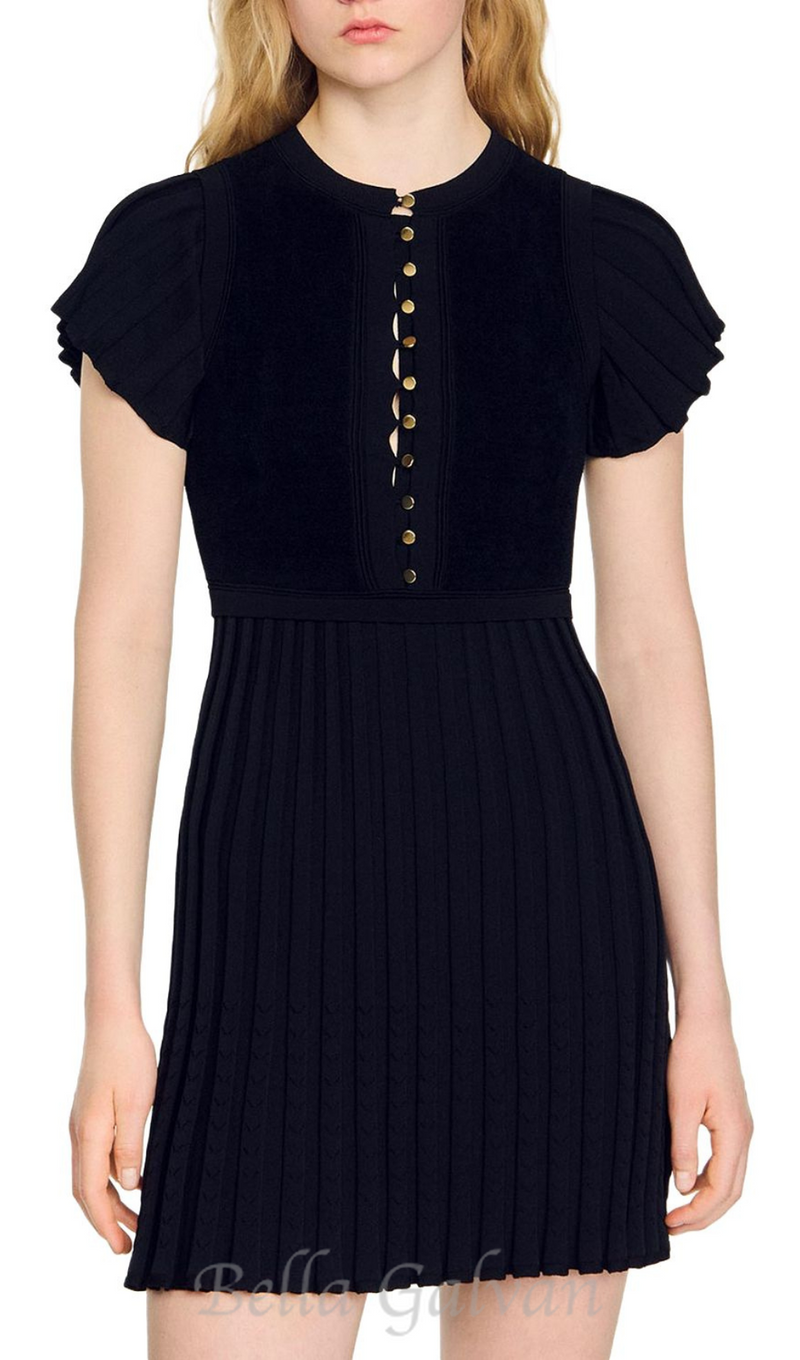 SHEILA BLACK UFFLED CUFFS KNIT MINI DRESS