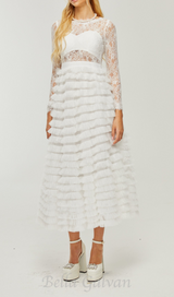 LACE LAYERED HIGH-WAISTED MIDI DRESS IN WHITE