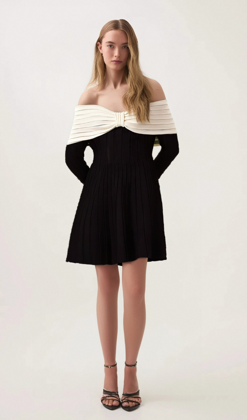 Justine black off-shoulder bow knit mini dress