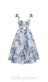 PRIMA PALE BLUE FLORAL A-LINE STRAP MIDI DRESS