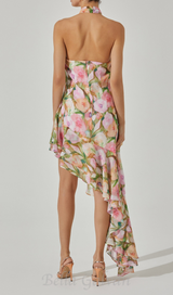 SABINA PINK GREEN ASYMMETRIC FLORAL HALTER MIDI DRESS