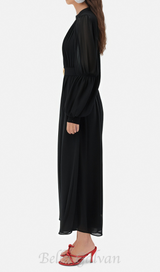 Lantern sleeve silk midi dress in black