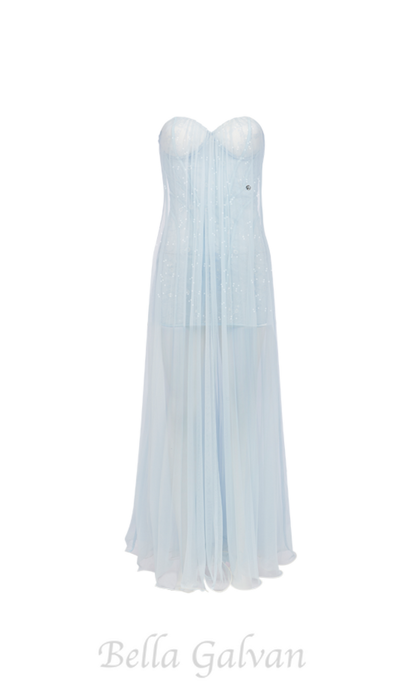 Thea Strapless Mesh Backless maxi Dress in light blue