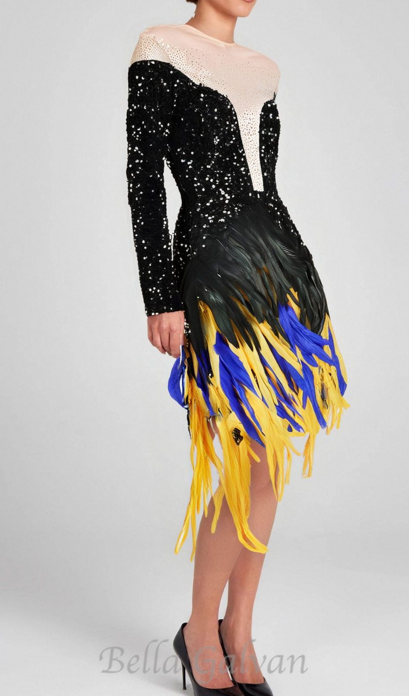 feather embellished sequin mini dress in black